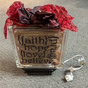 Faith Love Hope Believe Pray Clear Glass Light Up Square Bow Burlap Decor 8”